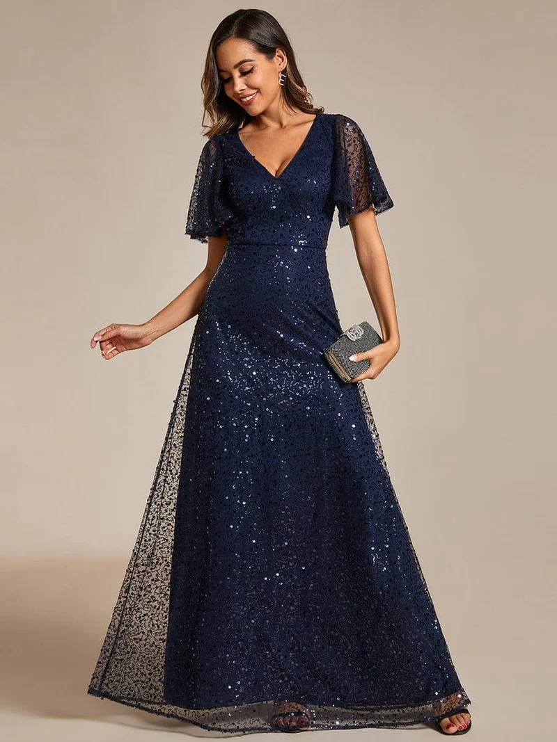 ever ARIA|Robes de soirée trapèze pailletées à col en V avec manches à volants