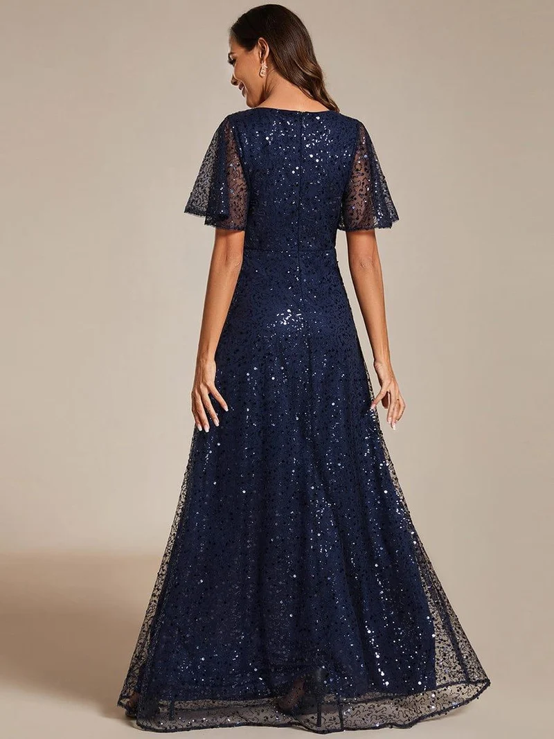 ever ARIA|Robes de soirée trapèze pailletées à col en V avec manches à volants