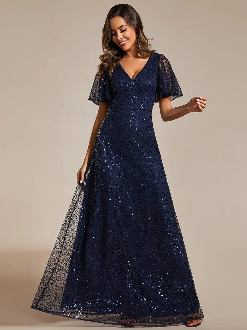 ever ARIA|Robes de soirée trapèze pailletées à col en V avec manches à volants