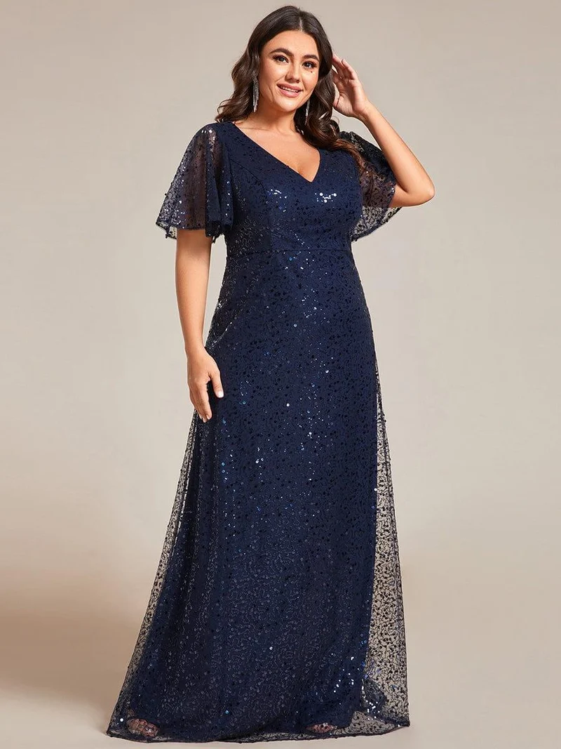 ever ARIA|Robes de soirée trapèze pailletées à col en V avec manches à volants