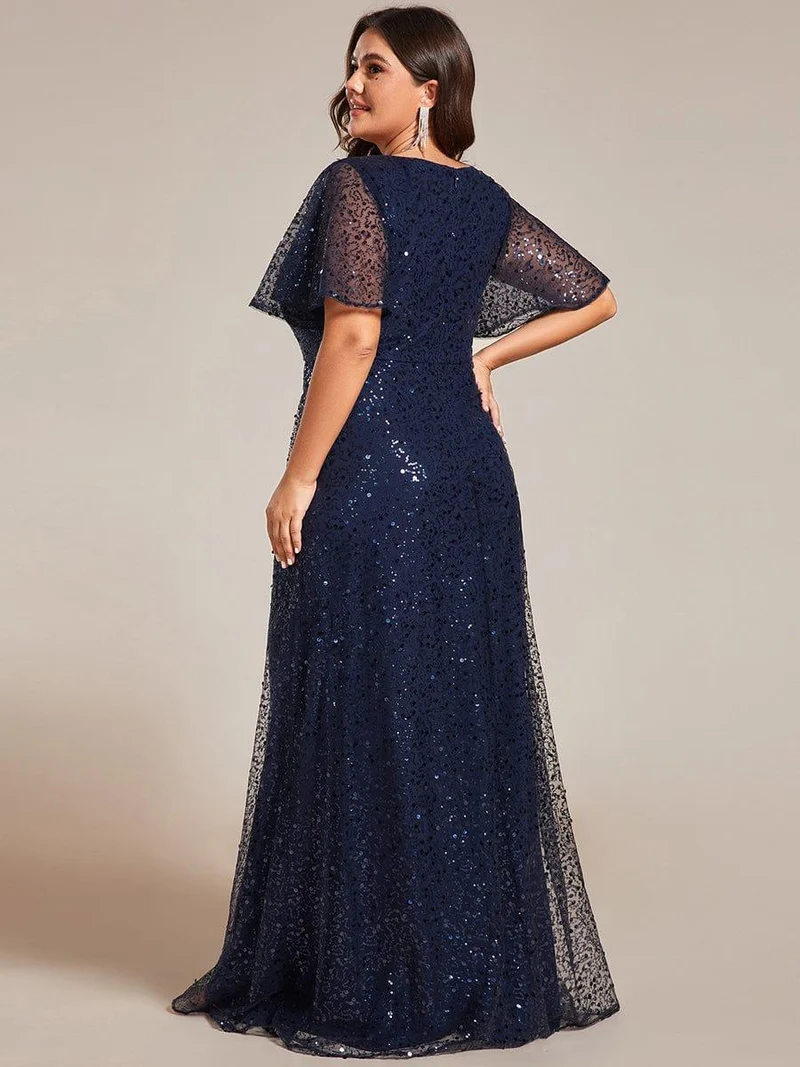 ever ARIA|Robes de soirée trapèze pailletées à col en V avec manches à volants