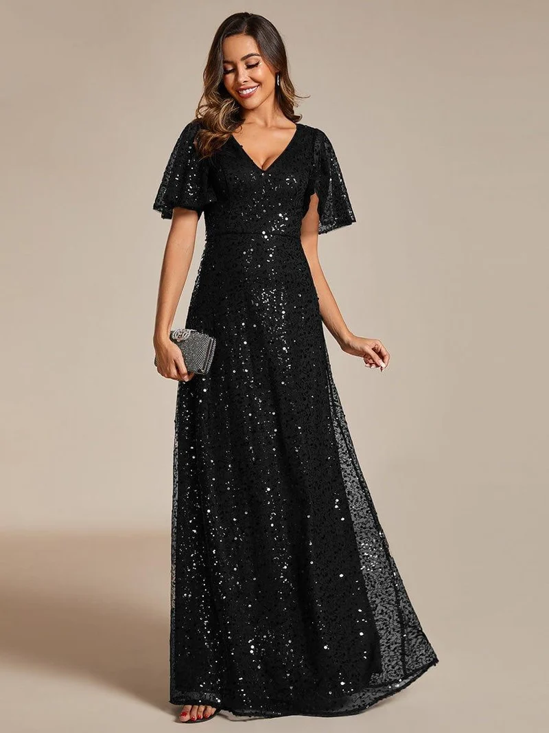 ever ARIA|Robes de soirée trapèze pailletées à col en V avec manches à volants