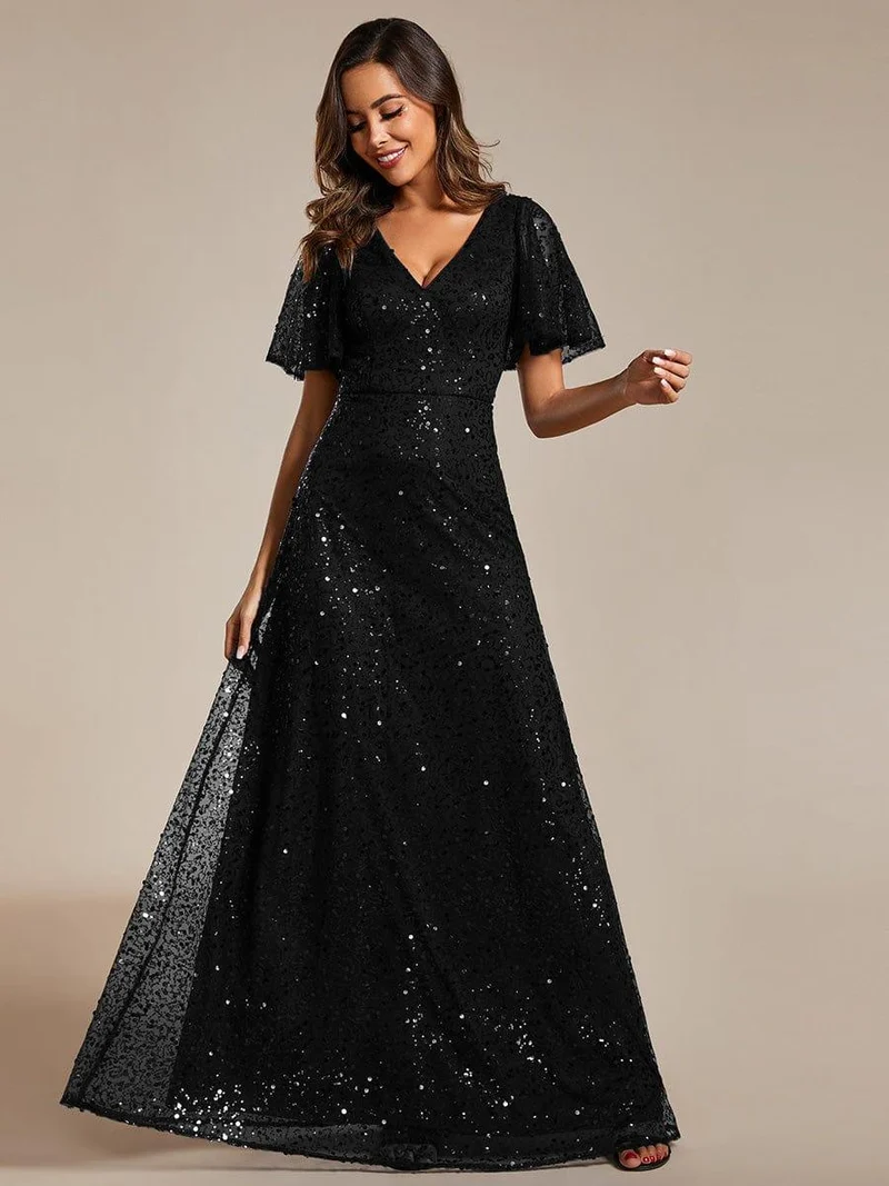 ever ARIA|Robes de soirée trapèze pailletées à col en V avec manches à volants