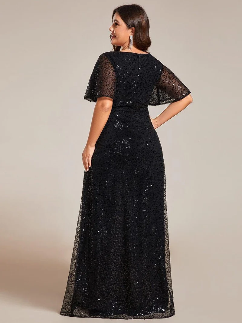 ever ARIA|Robes de soirée trapèze pailletées à col en V avec manches à volants