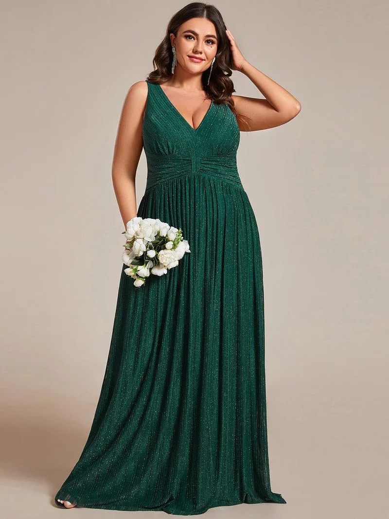 Robe de soirée trapèze sans manches à col en V de grande taille avec des paillettes subtiles(Vente Finale)