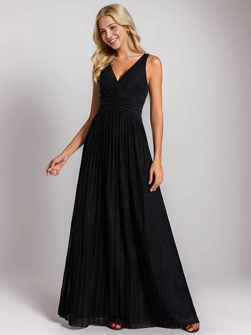 Robe de soirée trapèze sans manches à col en V avec paillettes subtiles(Vente Finale)