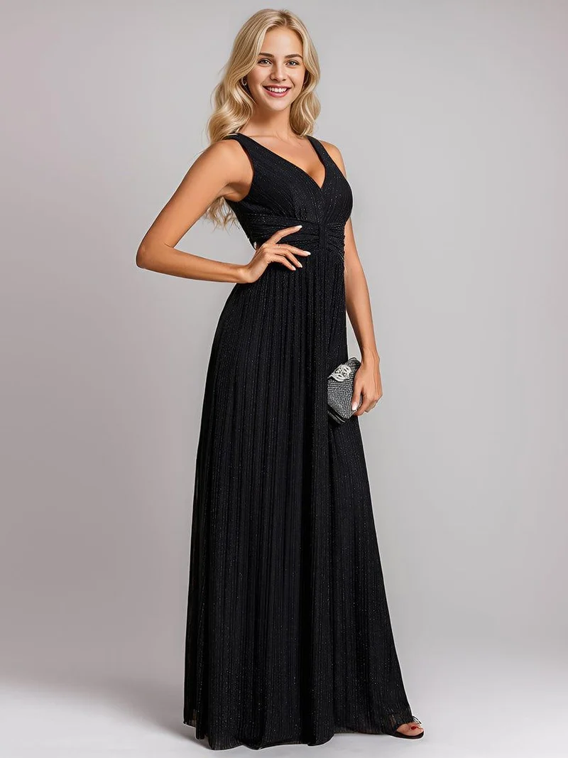 Robe de soirée trapèze sans manches à col en V avec paillettes subtiles(Vente Finale)