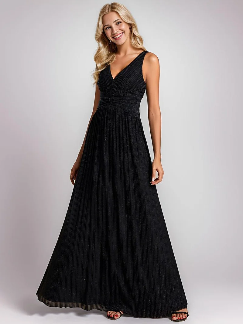 Robe de soirée trapèze sans manches à col en V avec paillettes subtiles(Vente Finale)