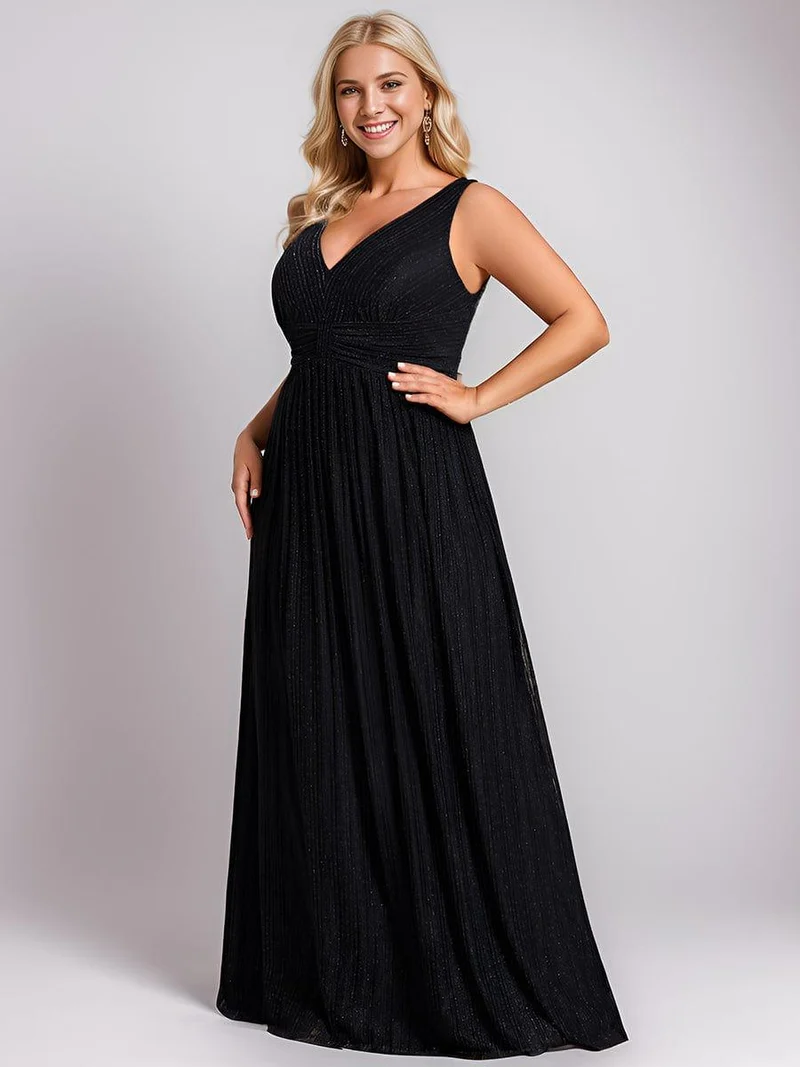 Robe de soirée trapèze sans manches à col en V avec paillettes subtiles(Vente Finale)