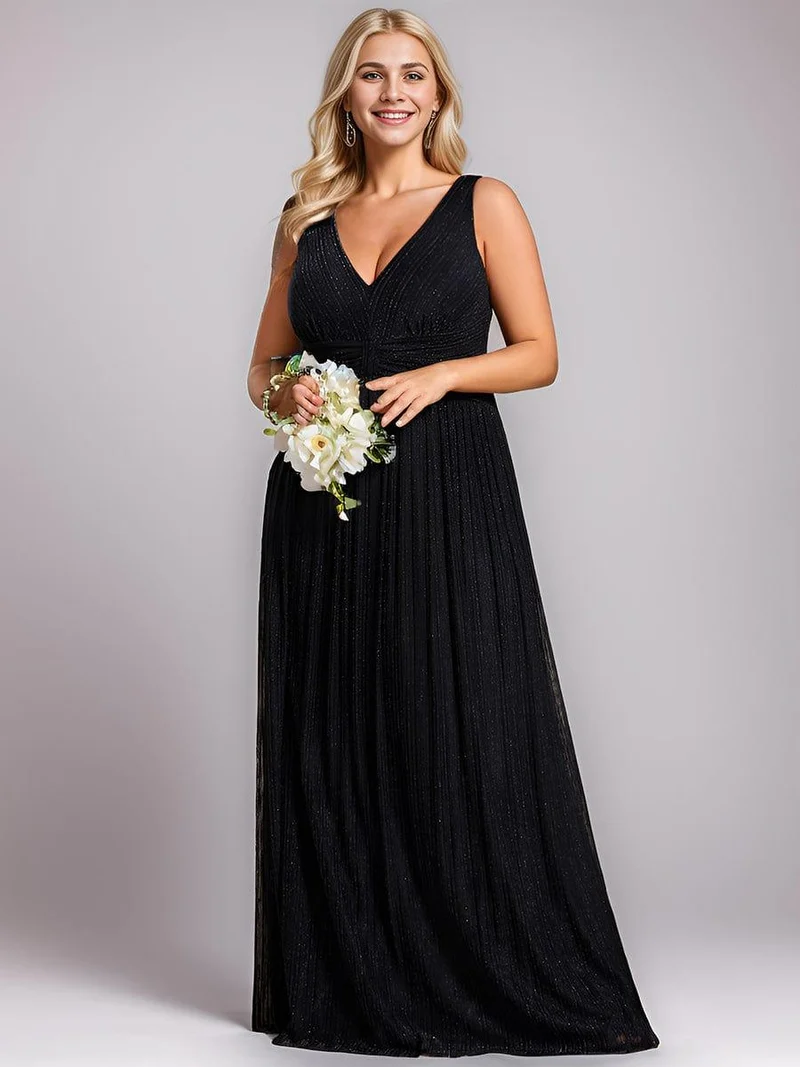 Robe de soirée trapèze sans manches à col en V avec paillettes subtiles(Vente Finale)