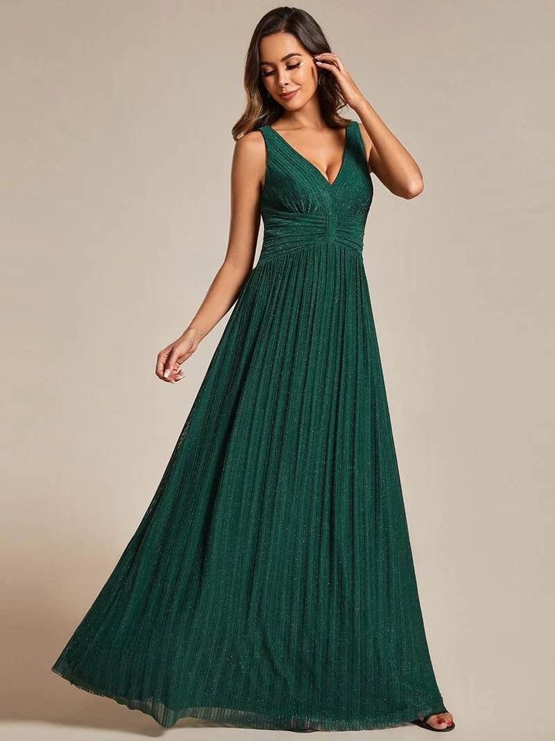 Robe de soirée trapèze sans manches à col en V avec paillettes subtiles(Vente Finale)