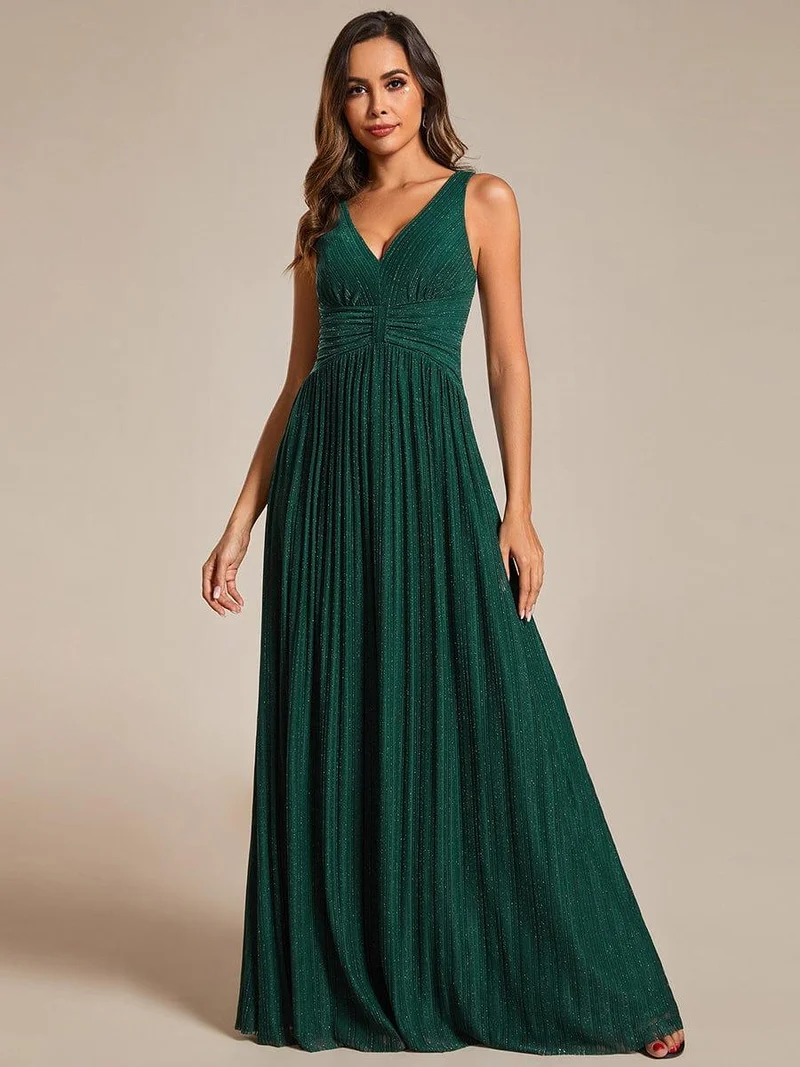 Robe de soirée trapèze sans manches à col en V avec paillettes subtiles(Vente Finale)