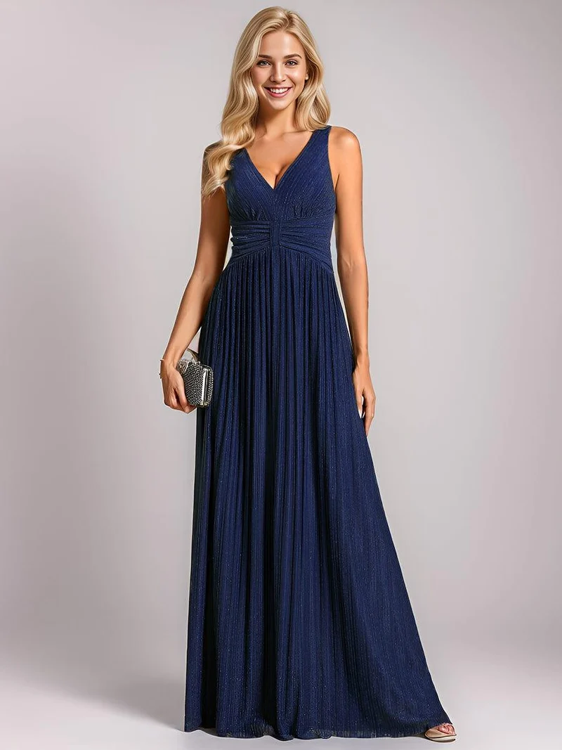 Robe de soirée trapèze sans manches à col en V avec paillettes subtiles(Vente Finale)