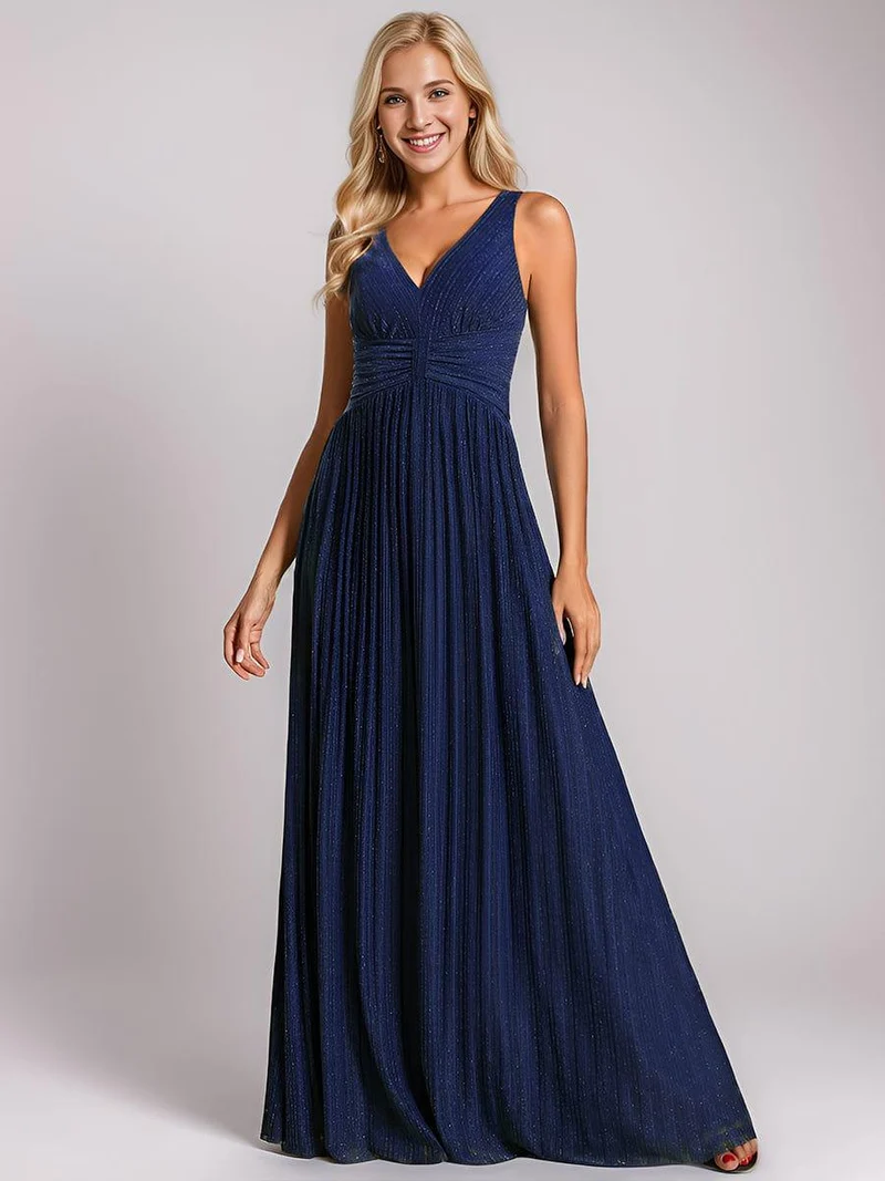 Robe de soirée trapèze sans manches à col en V avec paillettes subtiles(Vente Finale)