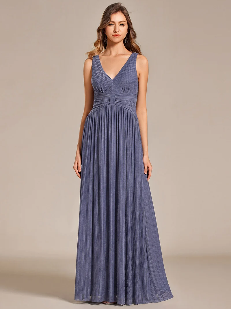 Robe de soirée trapèze sans manches à col en V avec paillettes subtiles(Vente Finale)