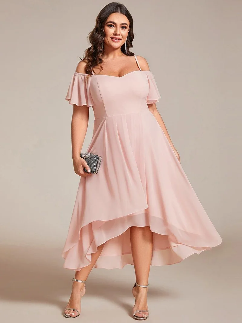 pretty JORDANE|Robes invitée mariage en mousseline de soie grande taille épaules dénudées hautes et basses manches courtes