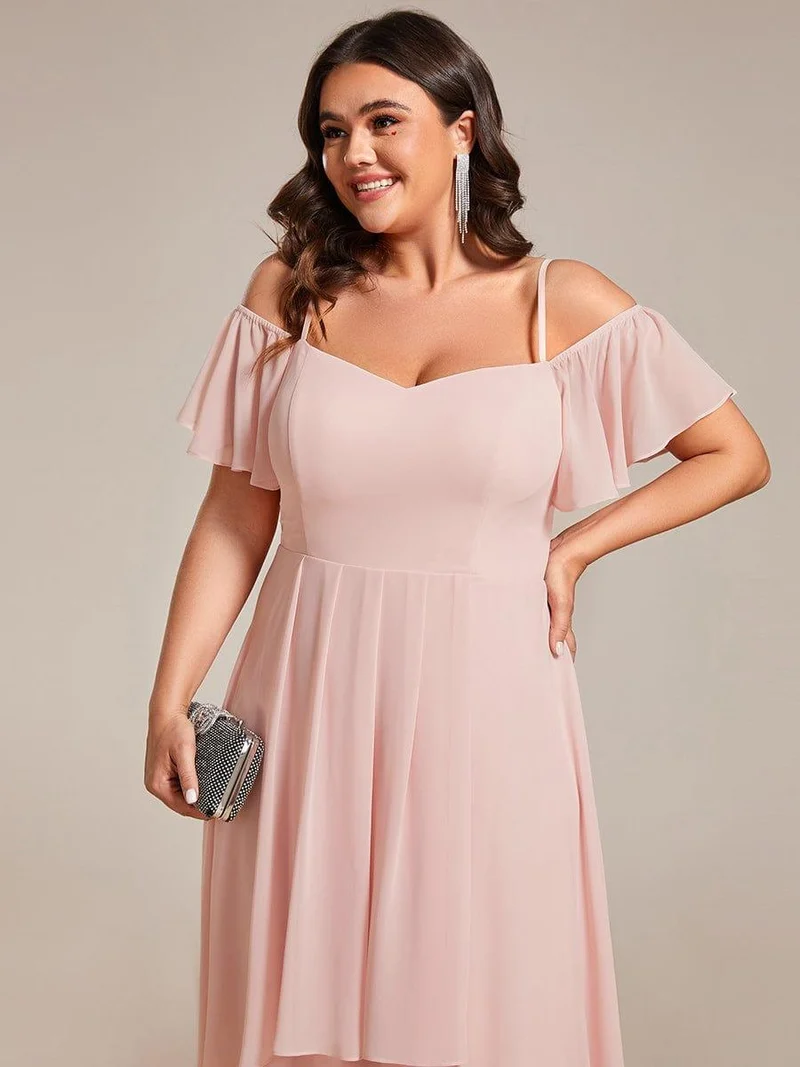 pretty JORDANE|Robes invitée mariage en mousseline de soie grande taille épaules dénudées hautes et basses manches courtes