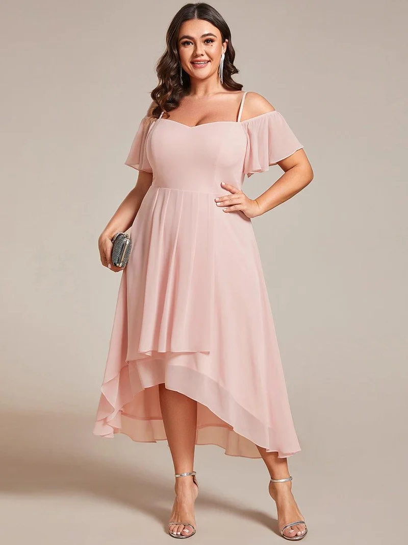 pretty JORDANE|Robes invitée mariage en mousseline de soie grande taille épaules dénudées hautes et basses manches courtes
