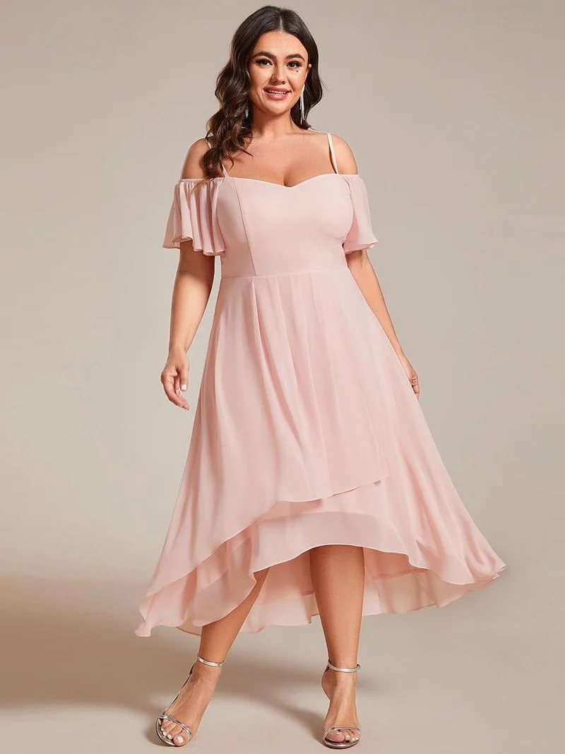 pretty JORDANE|Robes invitée mariage en mousseline de soie grande taille épaules dénudées hautes et basses manches courtes