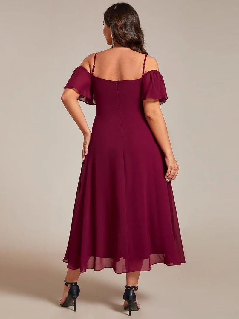 pretty JORDANE|Robes invitée mariage en mousseline de soie grande taille épaules dénudées hautes et basses manches courtes