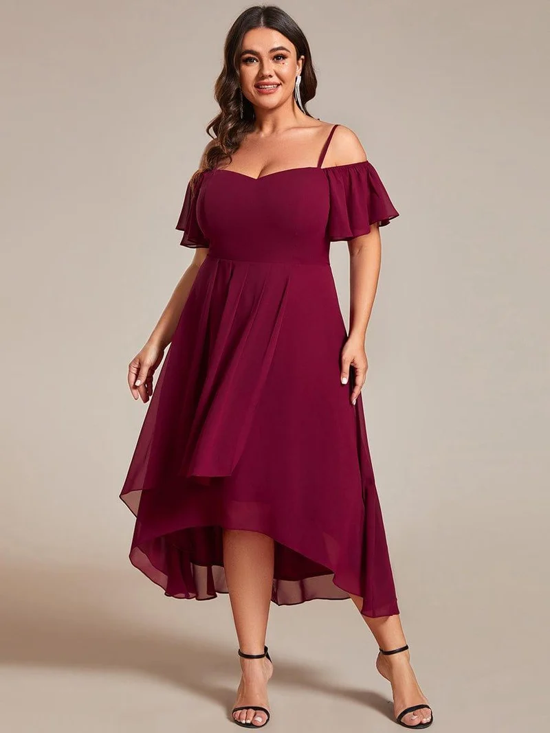 pretty JORDANE|Robes invitée mariage en mousseline de soie grande taille épaules dénudées hautes et basses manches courtes