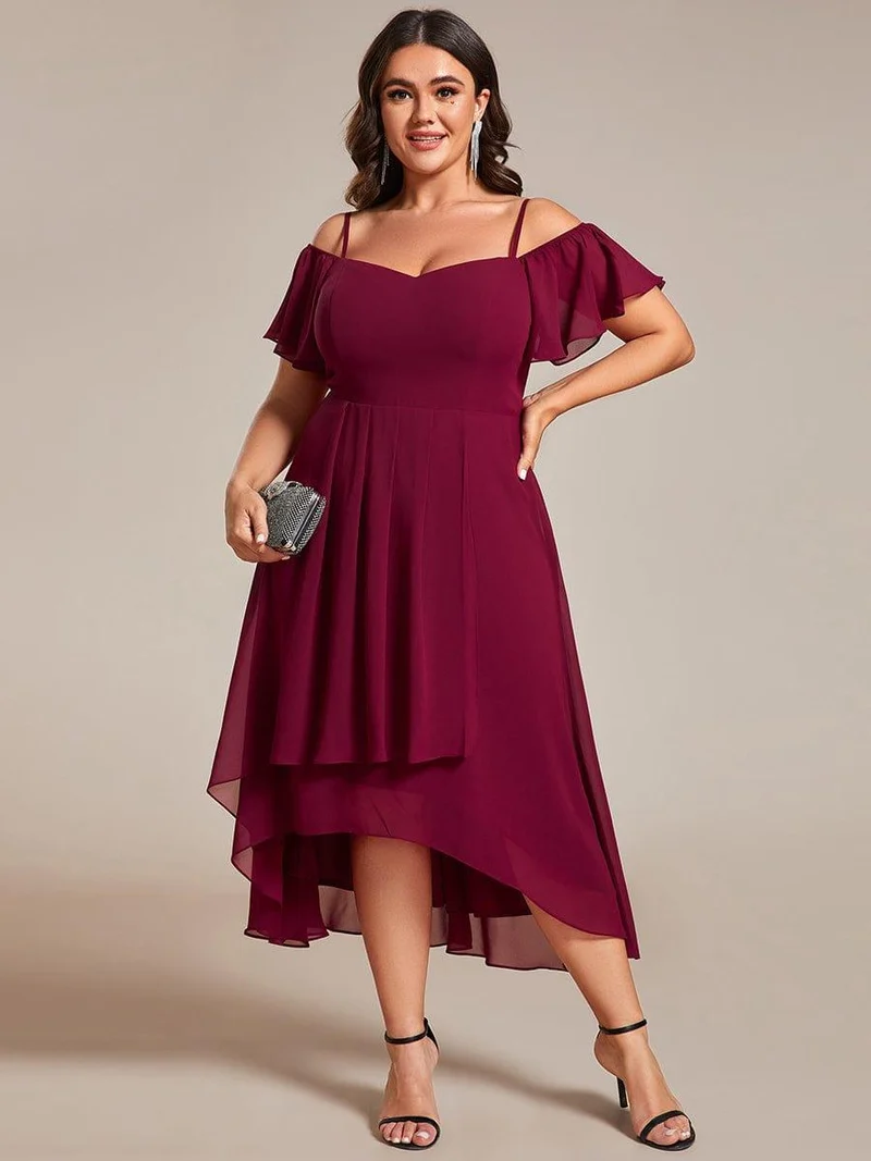 pretty JORDANE|Robes invitée mariage en mousseline de soie grande taille épaules dénudées hautes et basses manches courtes