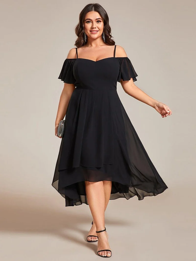 pretty JORDANE|Robes invitée mariage en mousseline de soie grande taille épaules dénudées hautes et basses manches courtes