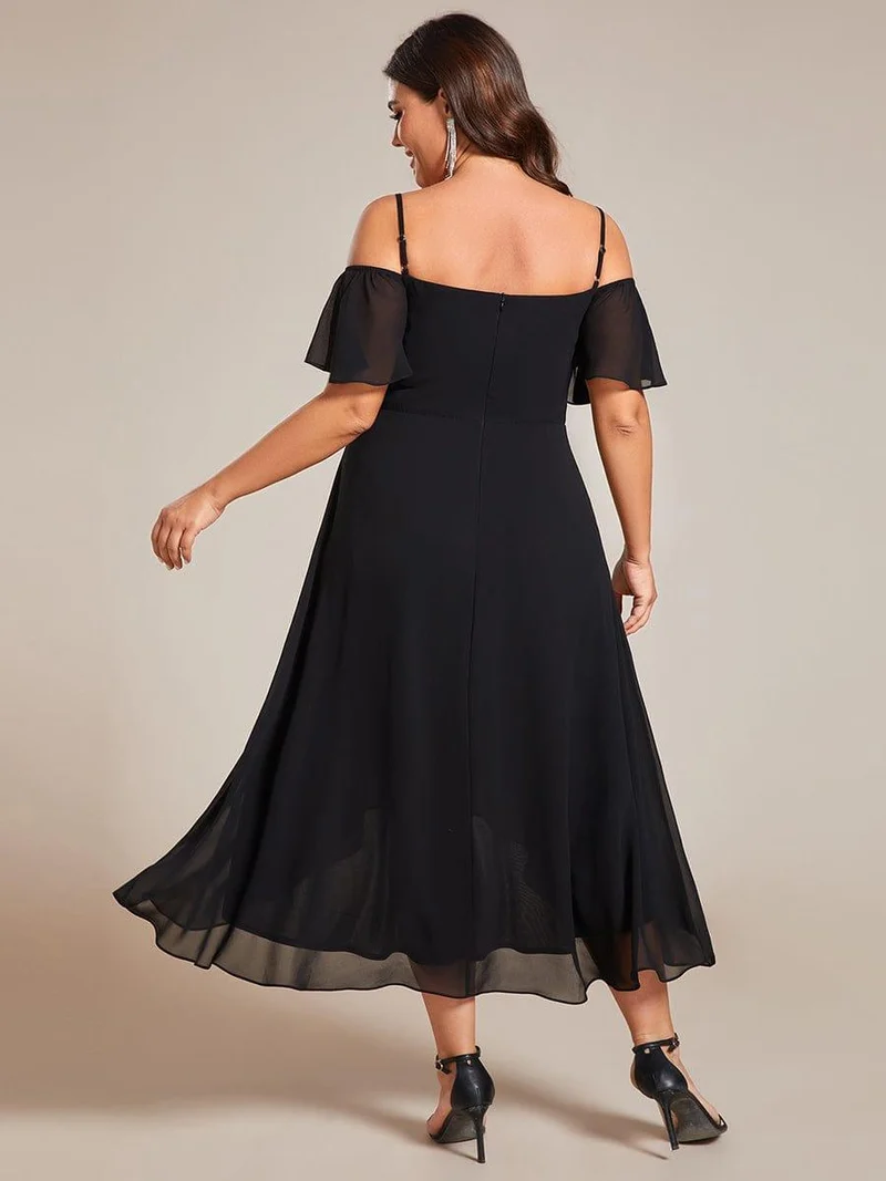 pretty JORDANE|Robes invitée mariage en mousseline de soie grande taille épaules dénudées hautes et basses manches courtes