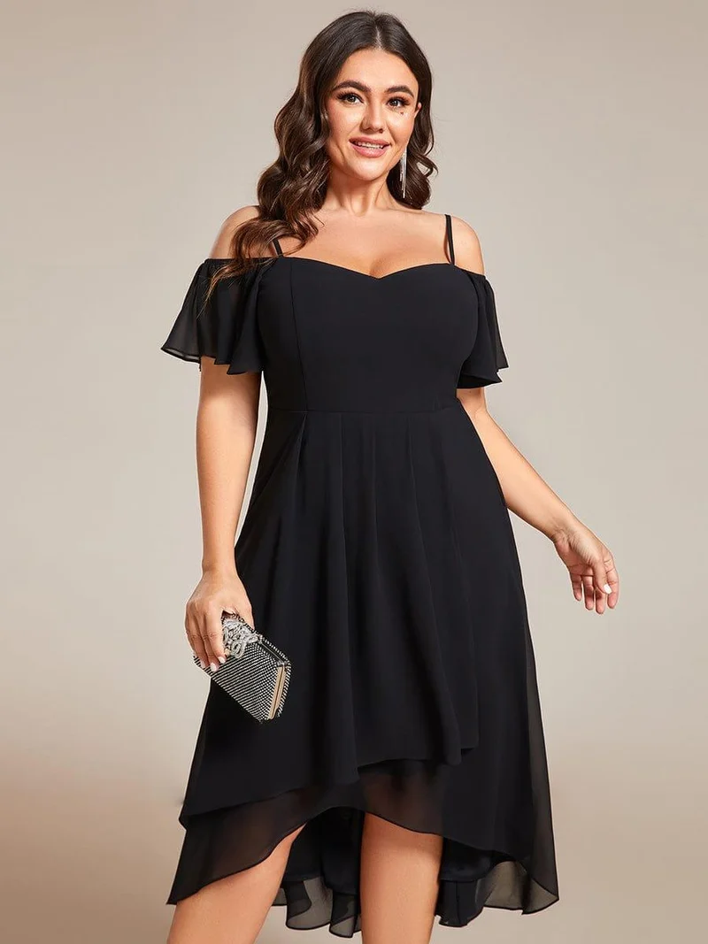 pretty JORDANE|Robes invitée mariage en mousseline de soie grande taille épaules dénudées hautes et basses manches courtes