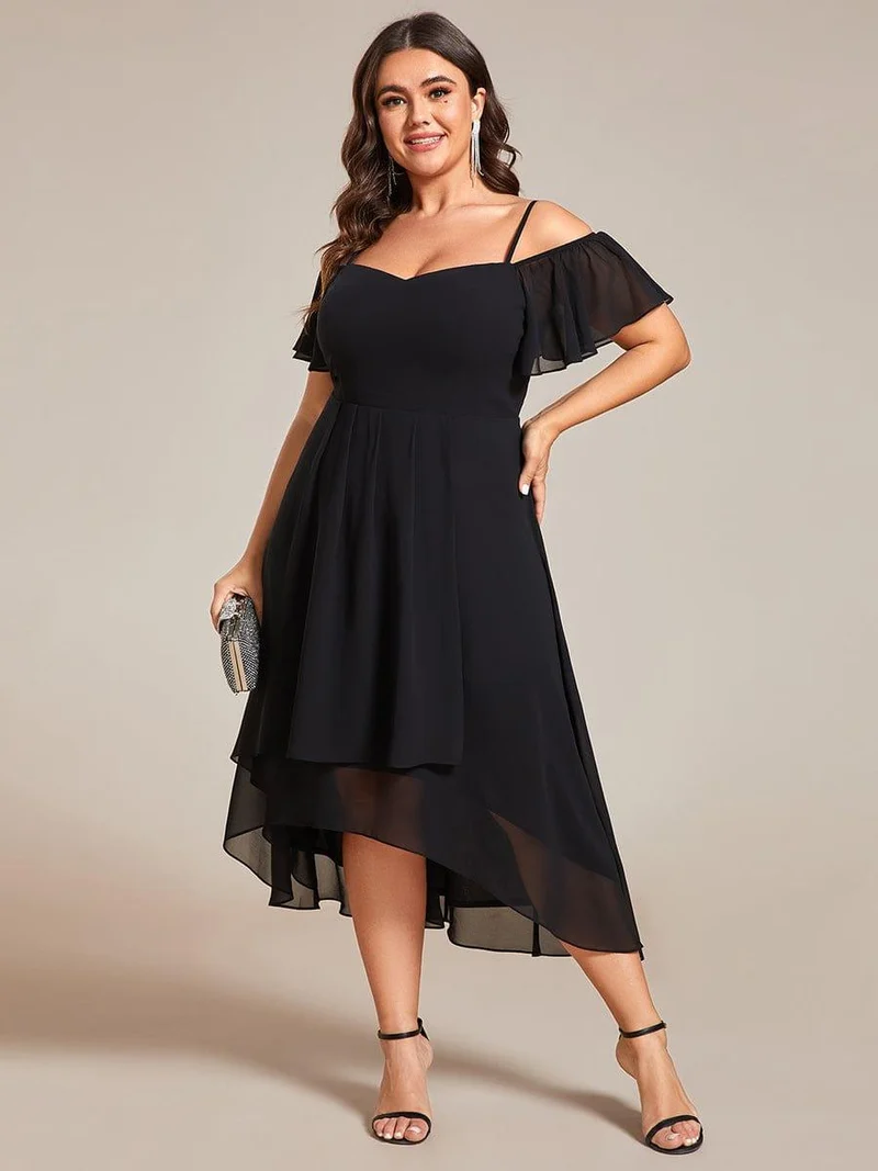 pretty JORDANE|Robes invitée mariage en mousseline de soie grande taille épaules dénudées hautes et basses manches courtes