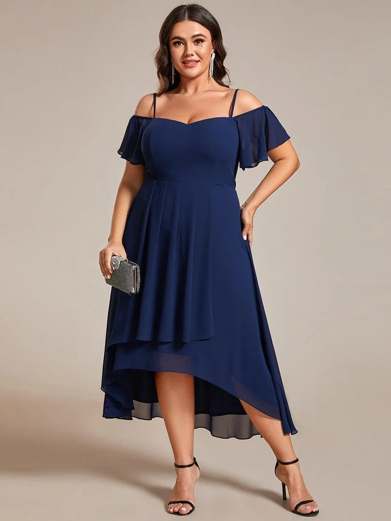 pretty JORDANE|Robes invitée mariage en mousseline de soie grande taille épaules dénudées hautes et basses manches courtes