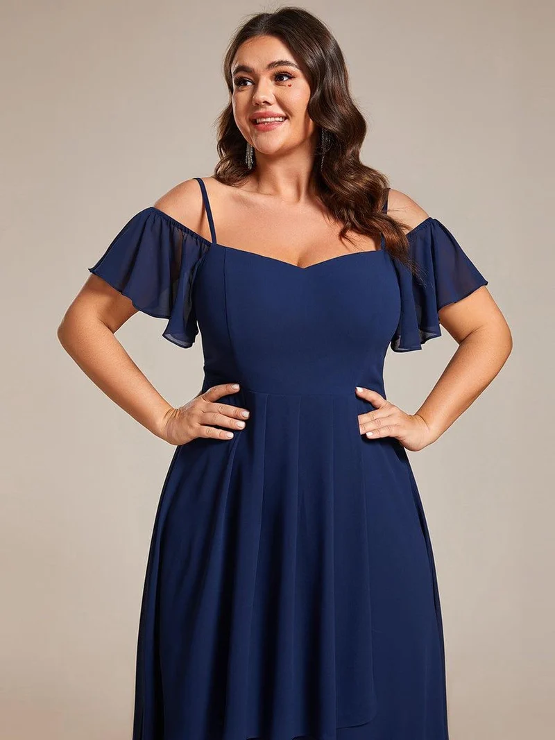 pretty JORDANE|Robes invitée mariage en mousseline de soie grande taille épaules dénudées hautes et basses manches courtes