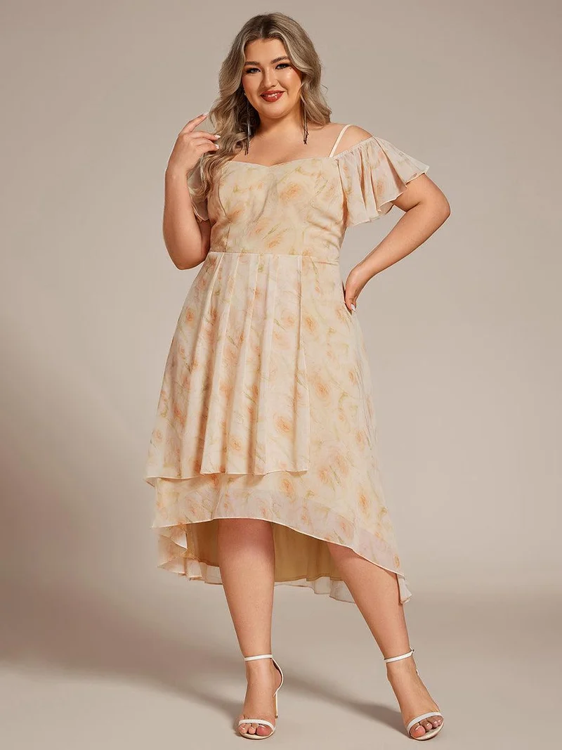 pretty JORDANE|Robes invitée mariage en mousseline de soie grande taille épaules dénudées hautes et basses manches courtes