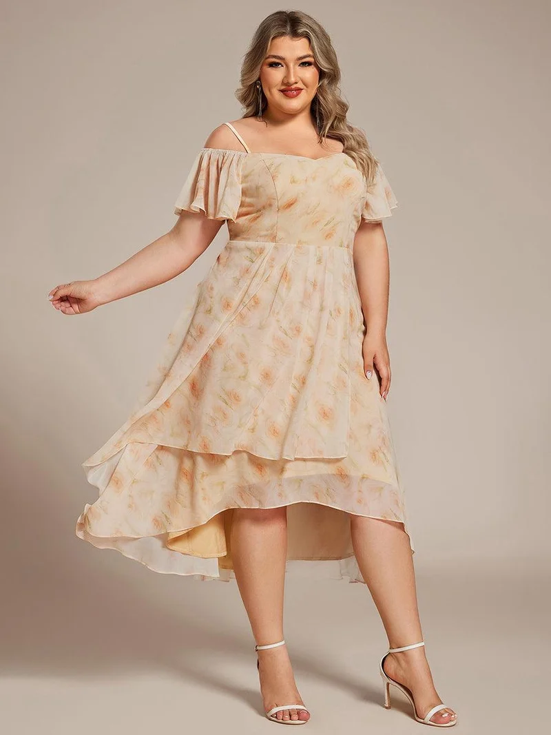 pretty JORDANE|Robes invitée mariage en mousseline de soie grande taille épaules dénudées hautes et basses manches courtes