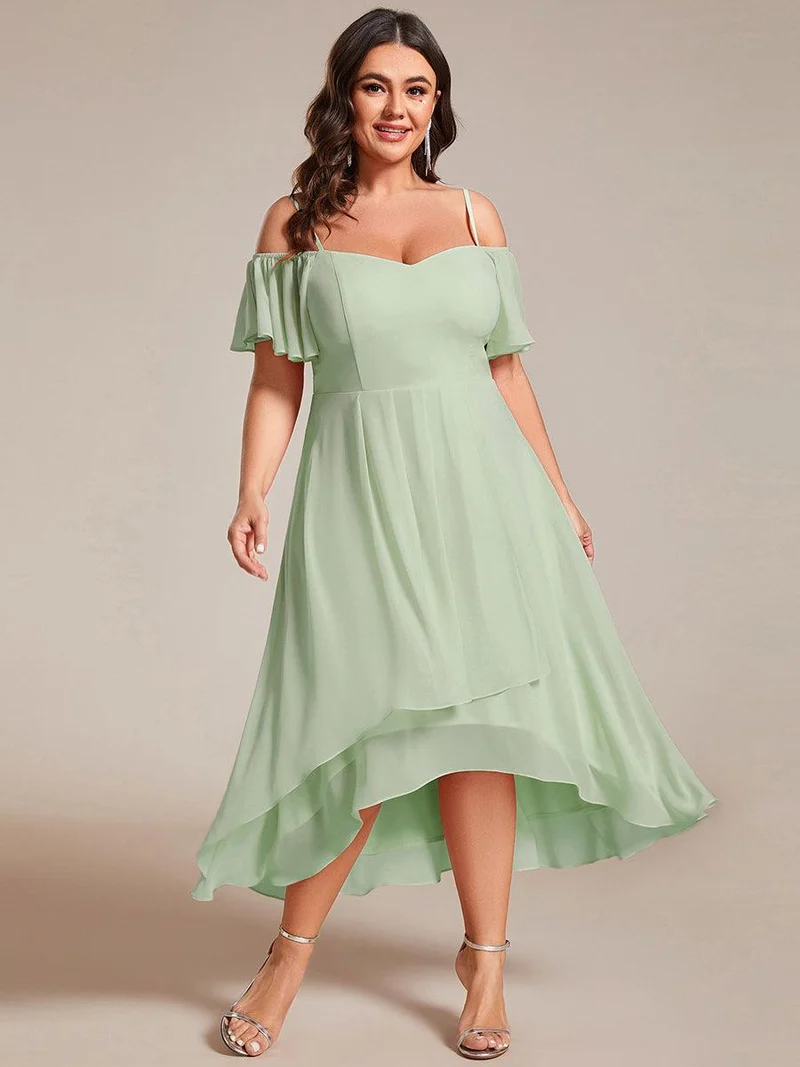pretty JORDANE|Robes invitée mariage en mousseline de soie grande taille épaules dénudées hautes et basses manches courtes