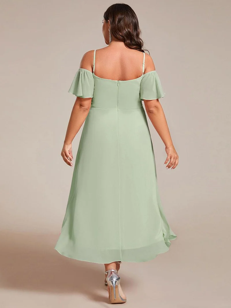pretty JORDANE|Robes invitée mariage en mousseline de soie grande taille épaules dénudées hautes et basses manches courtes