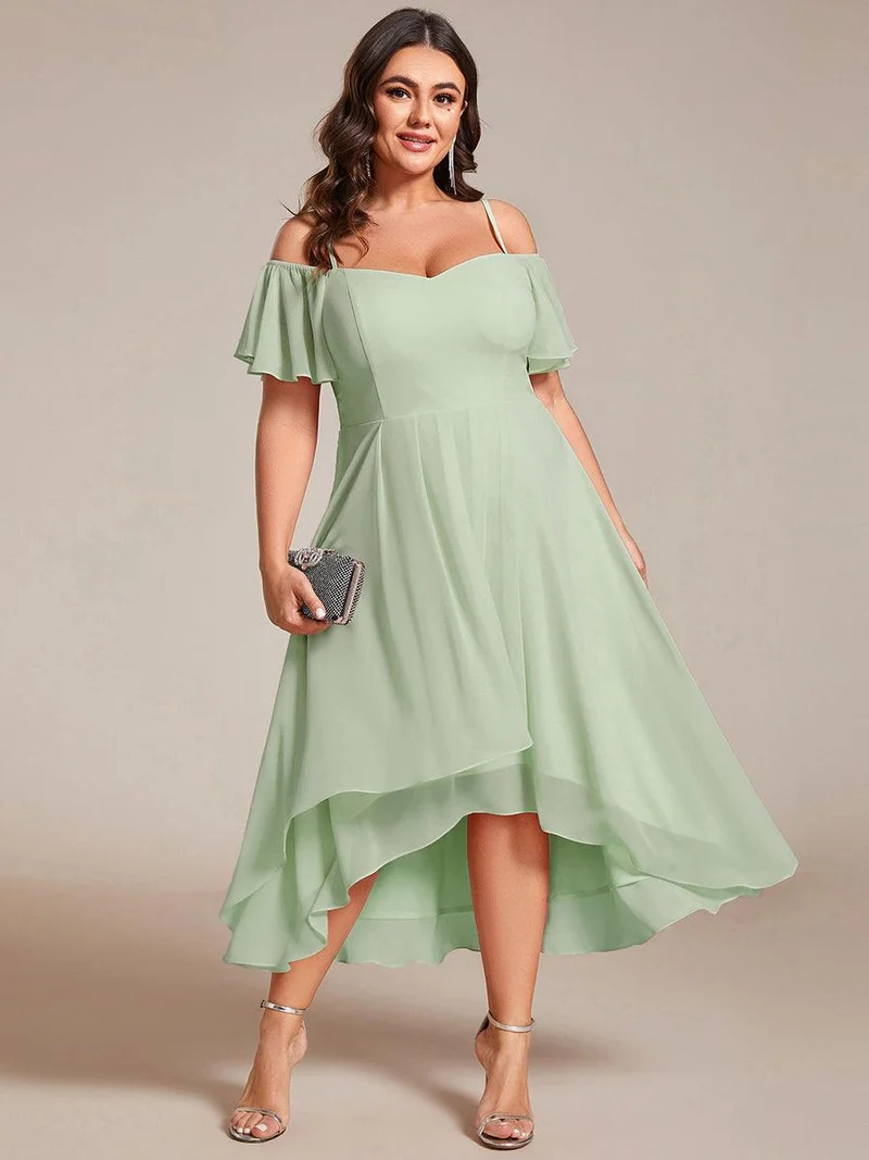 pretty JORDANE|Robes invitée mariage en mousseline de soie grande taille épaules dénudées hautes et basses manches courtes
