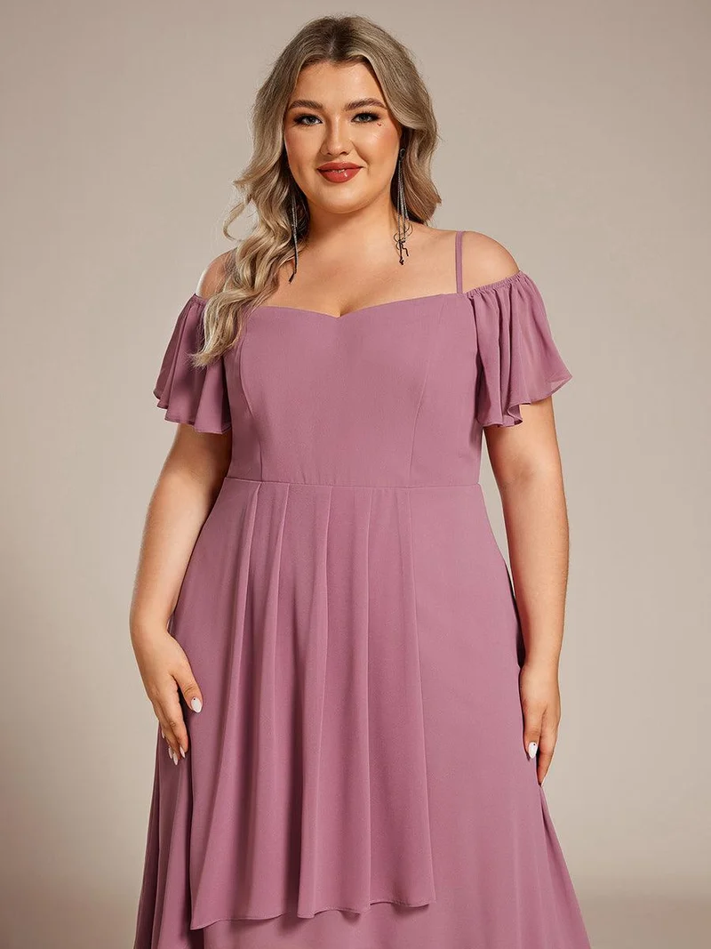pretty JORDANE|Robes invitée mariage en mousseline de soie grande taille épaules dénudées hautes et basses manches courtes