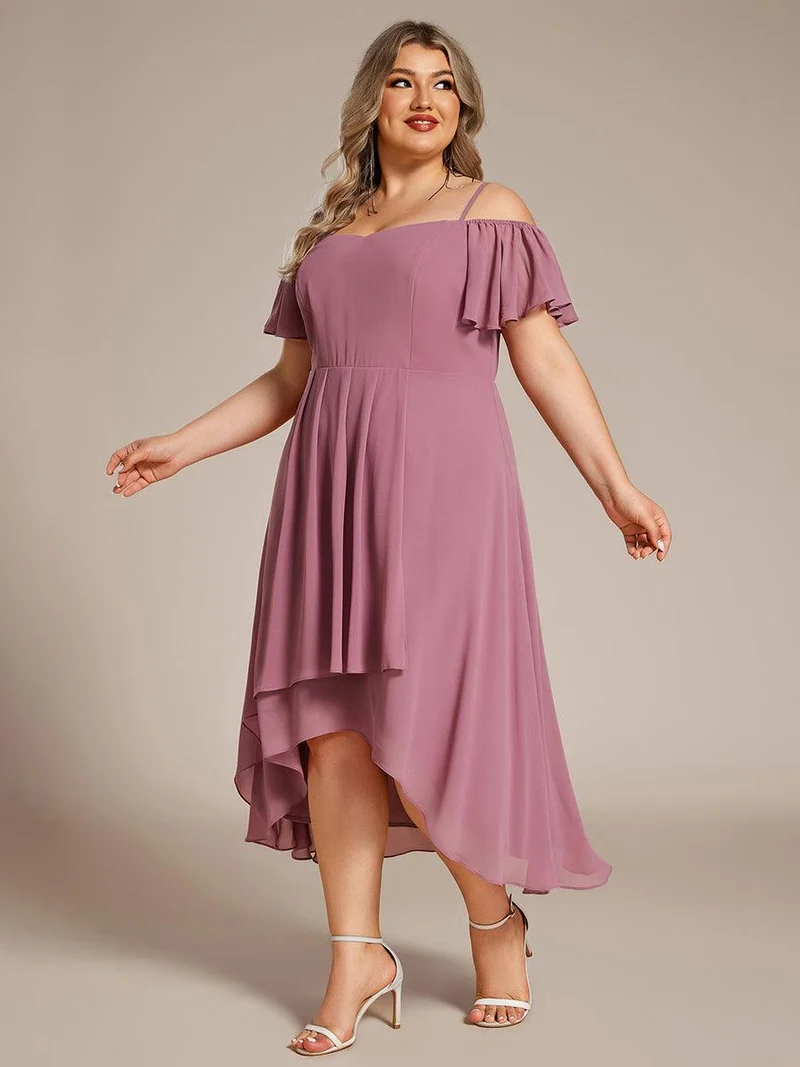 pretty JORDANE|Robes invitée mariage en mousseline de soie grande taille épaules dénudées hautes et basses manches courtes