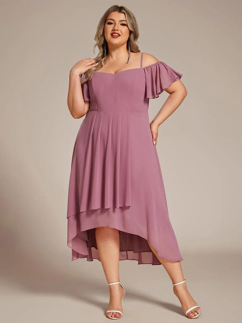 pretty JORDANE|Robes invitée mariage en mousseline de soie grande taille épaules dénudées hautes et basses manches courtes