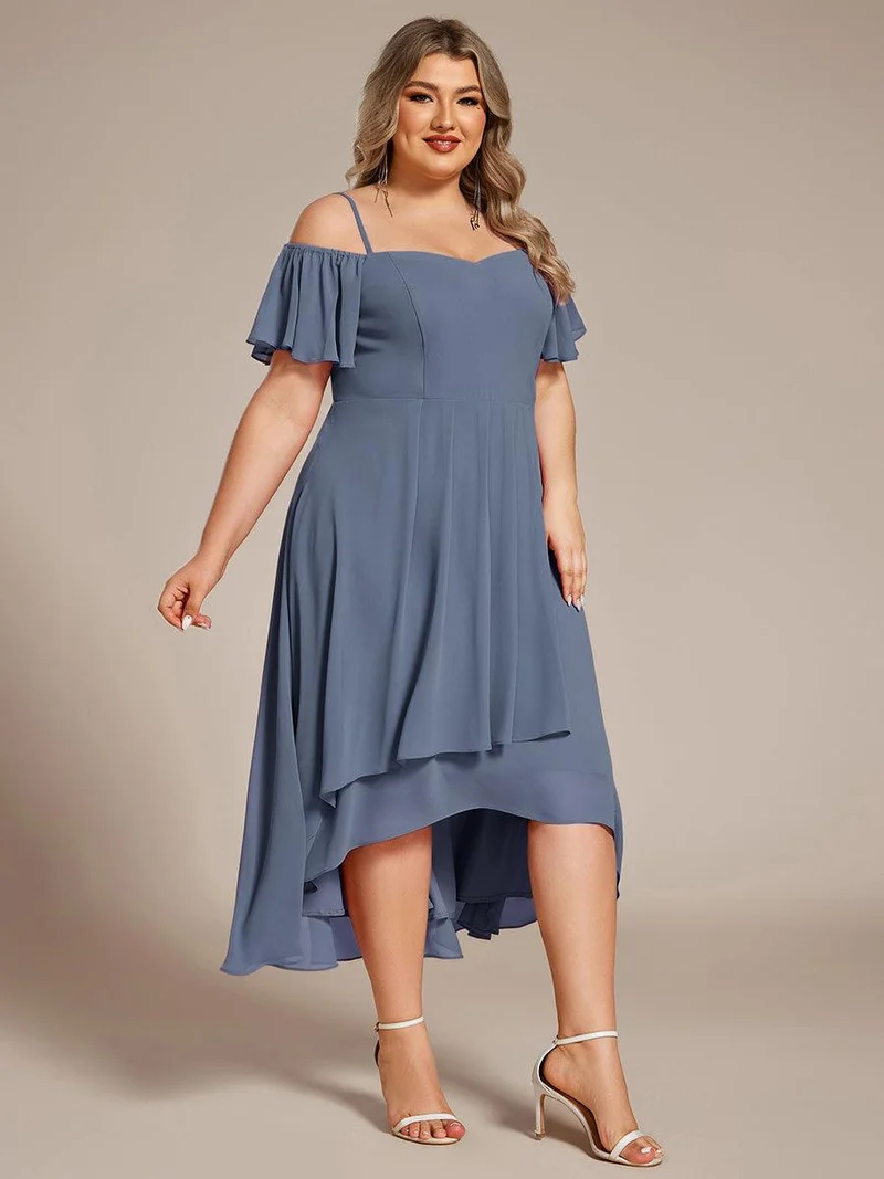 pretty JORDANE|Robes invitée mariage en mousseline de soie grande taille épaules dénudées hautes et basses manches courtes