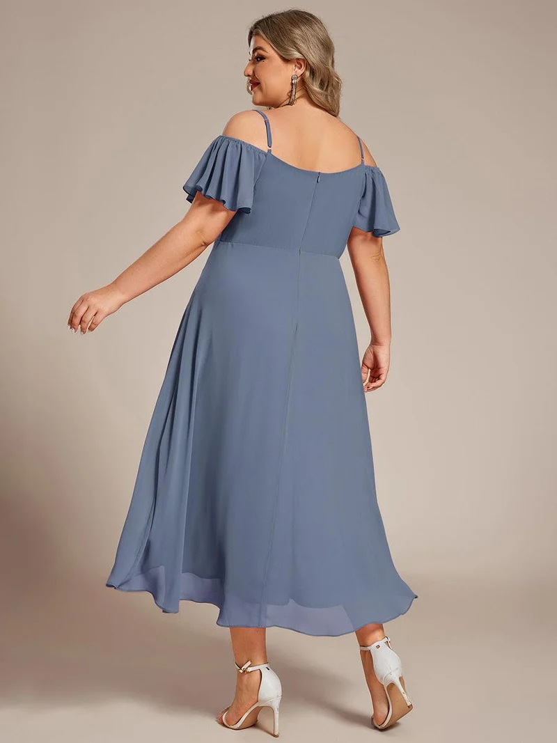 pretty JORDANE|Robes invitée mariage en mousseline de soie grande taille épaules dénudées hautes et basses manches courtes