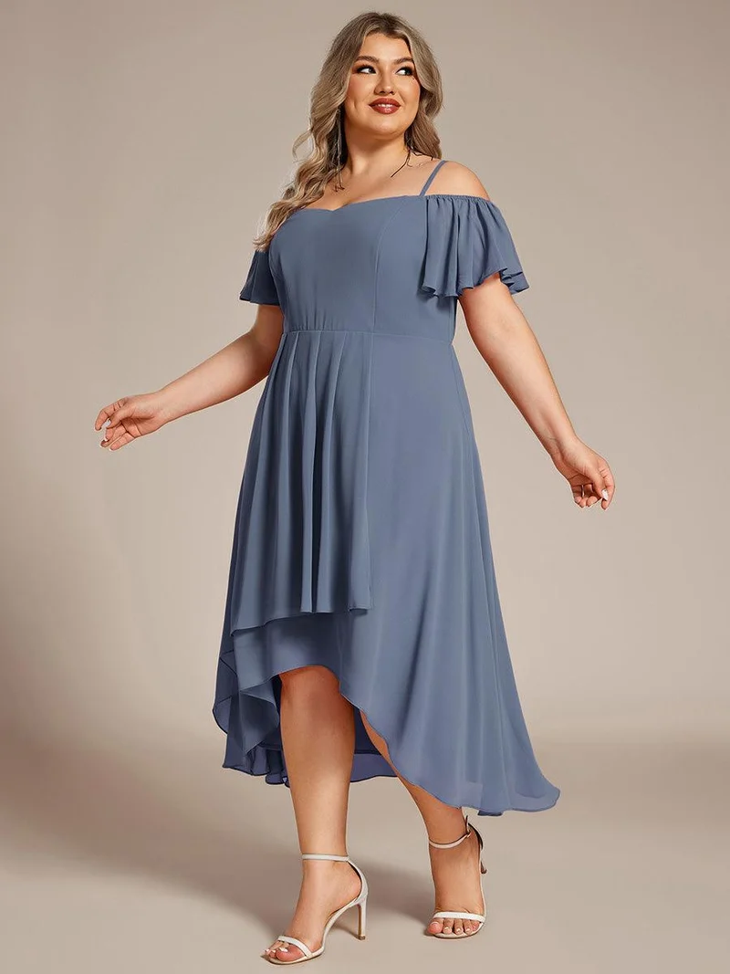 pretty JORDANE|Robes invitée mariage en mousseline de soie grande taille épaules dénudées hautes et basses manches courtes