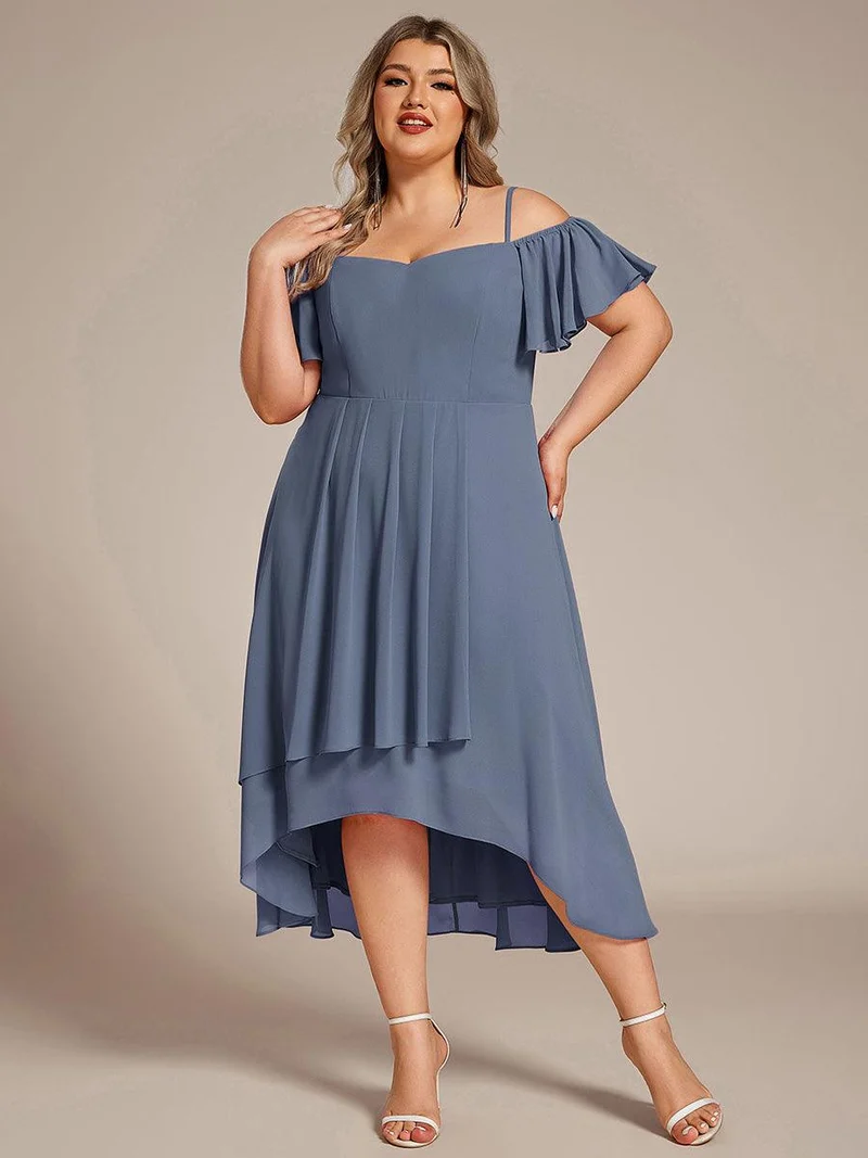 pretty JORDANE|Robes invitée mariage en mousseline de soie grande taille épaules dénudées hautes et basses manches courtes