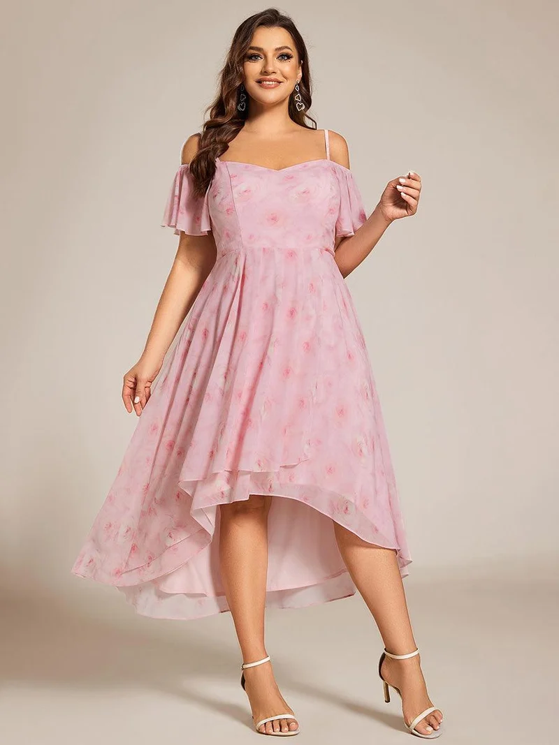 pretty JORDANE|Robes invitée mariage en mousseline de soie grande taille épaules dénudées hautes et basses manches courtes