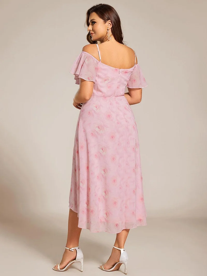 pretty JORDANE|Robes invitée mariage en mousseline de soie grande taille épaules dénudées hautes et basses manches courtes