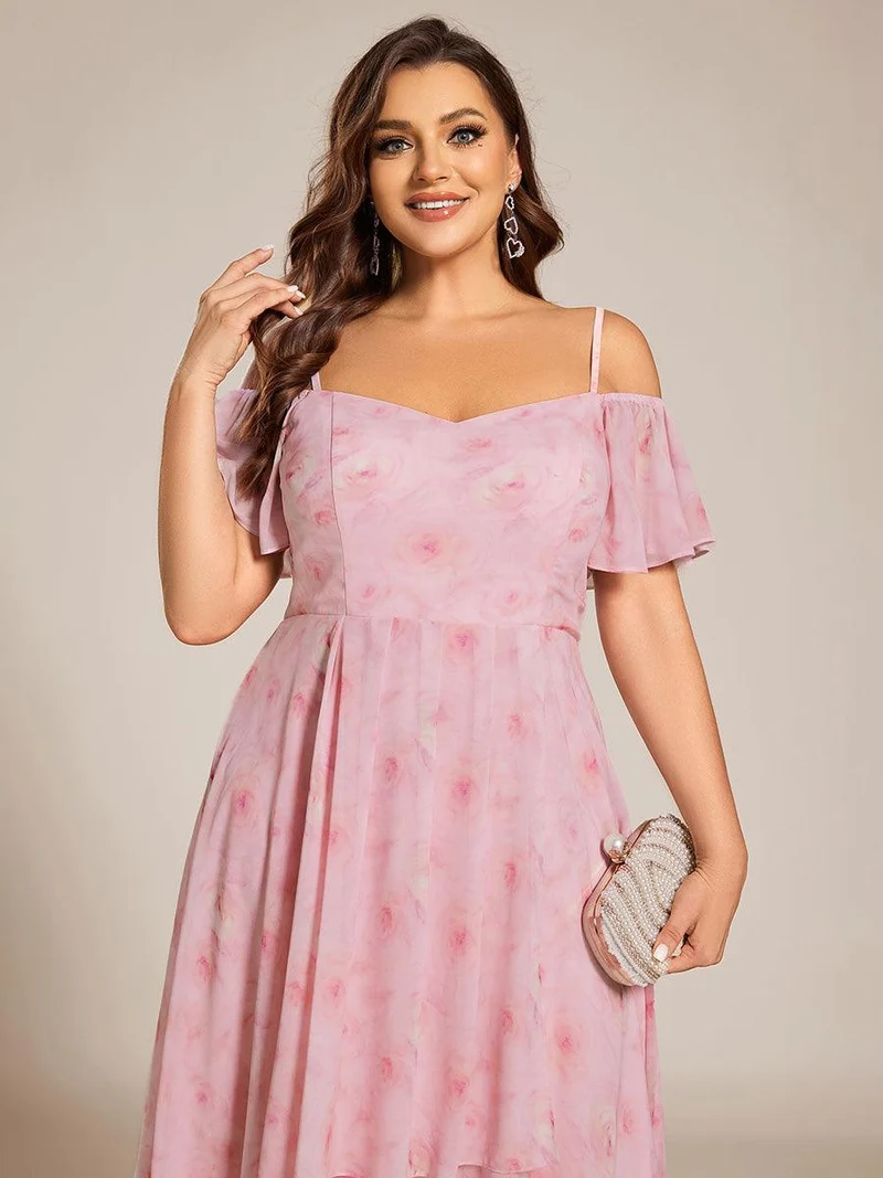 pretty JORDANE|Robes invitée mariage en mousseline de soie grande taille épaules dénudées hautes et basses manches courtes