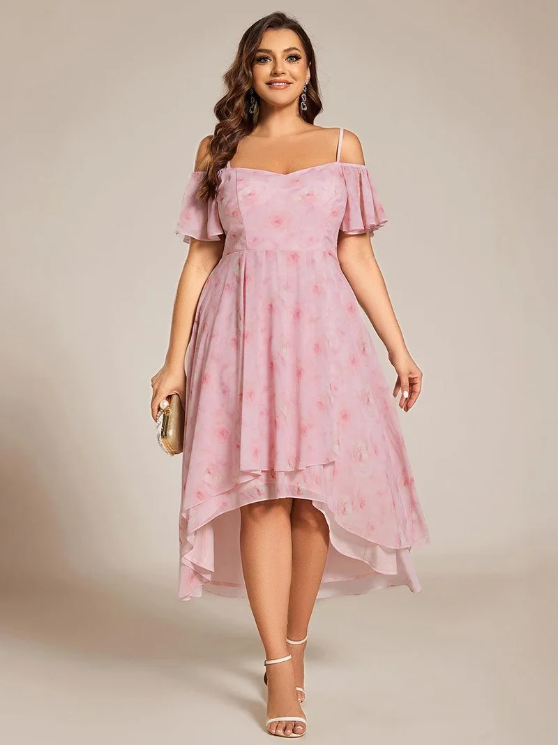pretty JORDANE|Robes invitée mariage en mousseline de soie grande taille épaules dénudées hautes et basses manches courtes
