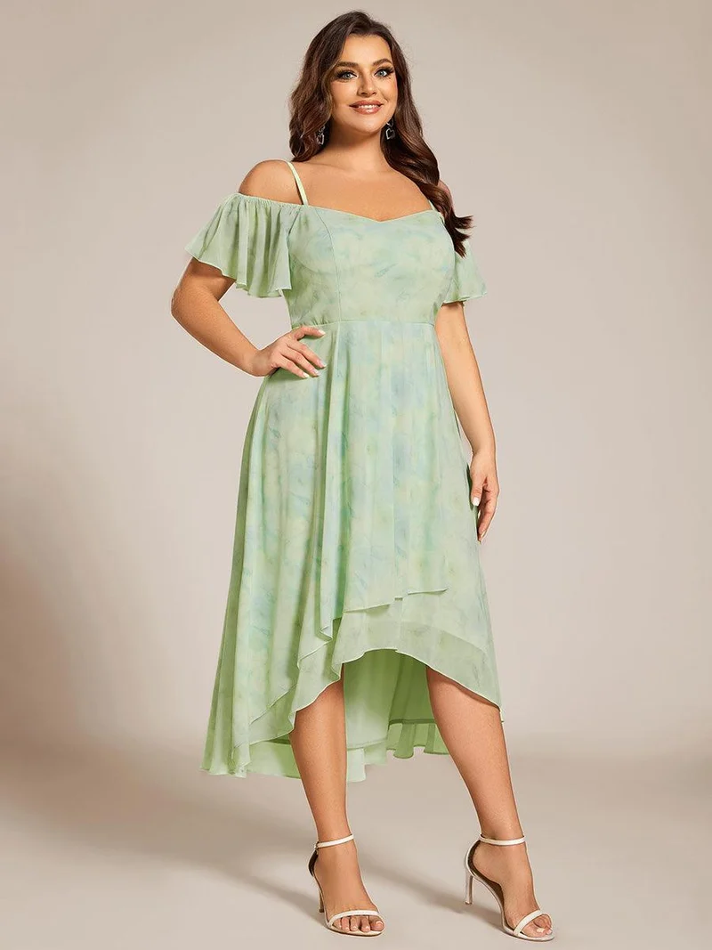 pretty JORDANE|Robes invitée mariage en mousseline de soie grande taille épaules dénudées hautes et basses manches courtes