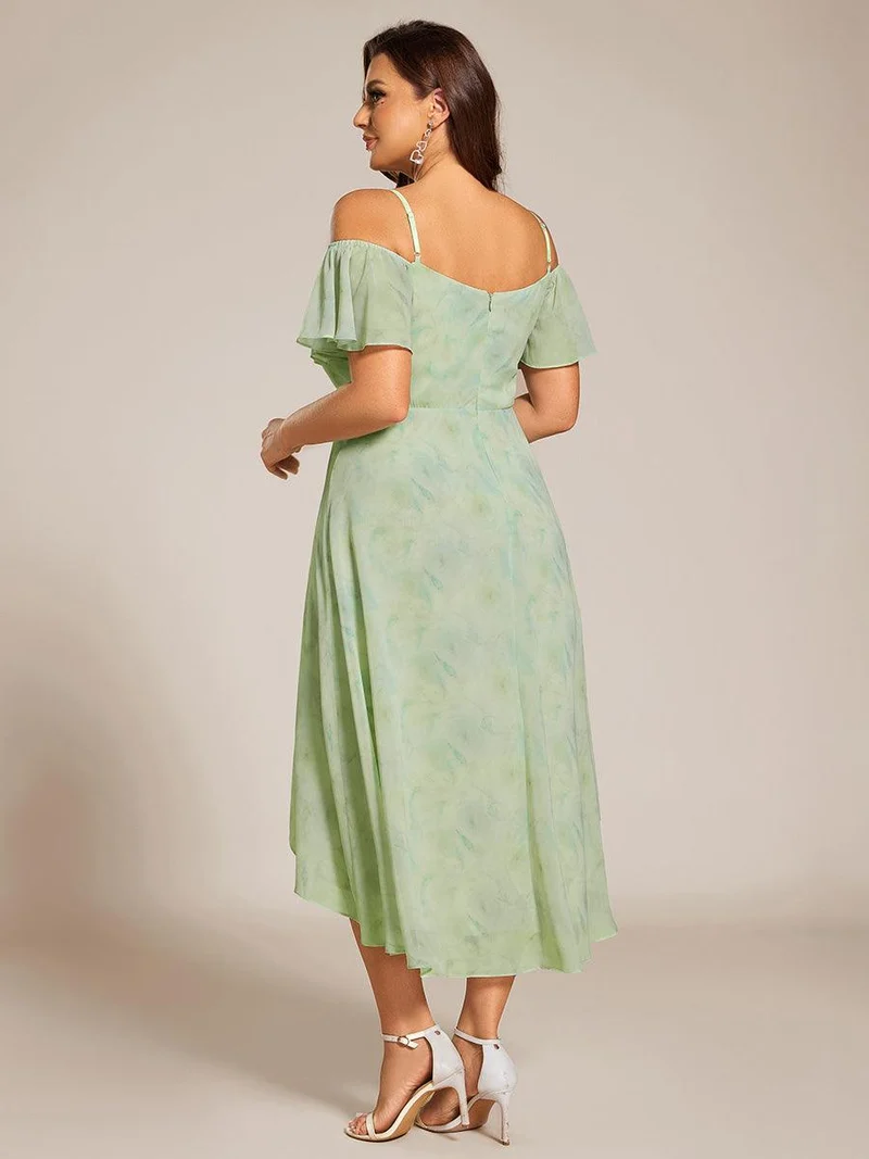 pretty JORDANE|Robes invitée mariage en mousseline de soie grande taille épaules dénudées hautes et basses manches courtes